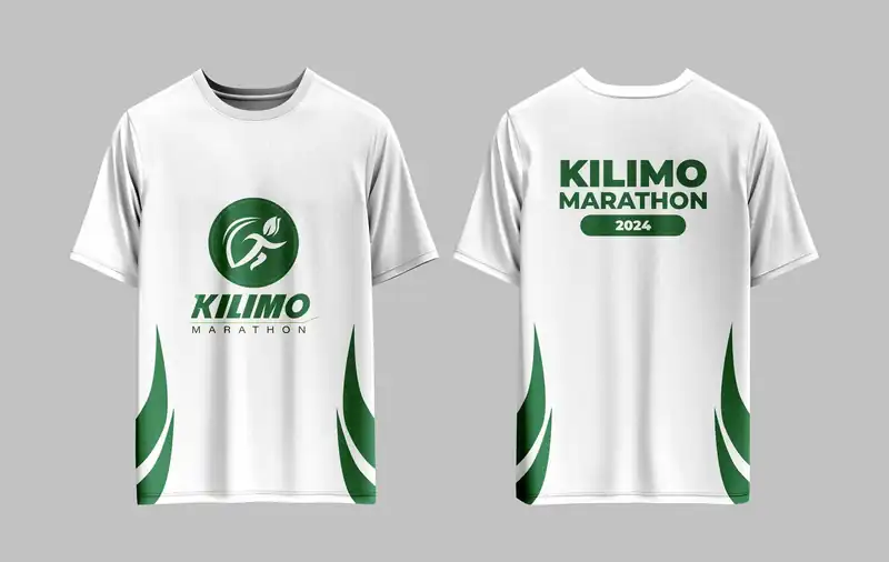 Fulana nyeupe na kijani ya Kilimo Marathon 2024, mbele na nyuma
